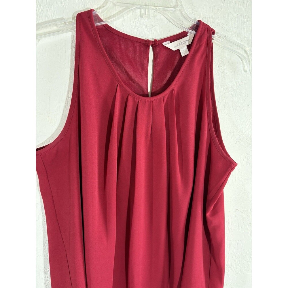 Charming Charlie Women Burgandy  White Tunic Pleated Neck Blouse Lined Sz Medium